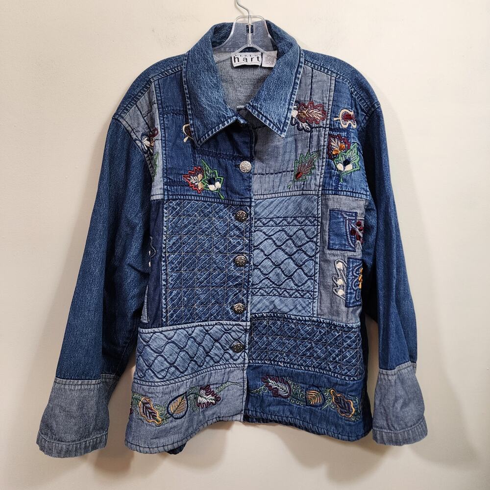 Vintage Keren Hart embroidered and quilted denim button front jacket woman sz XL